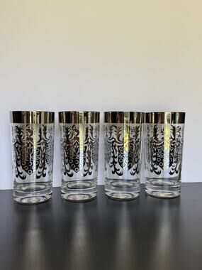 Set Of 4 MCM Kimiko Knight Shield Silver Highball Glasses Barware Vintage 1960s